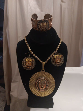 Vintage Copper & Brass Aztec Set (Necklace, Bracelet, & Earrings)