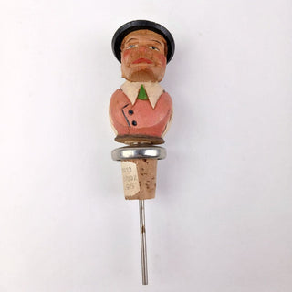 AS-IS Anri Italy Carved Wood Man Bottle Pour Spout Stopper Cork Old Hand Made Wooden Brevettato People Folk Art Farmer