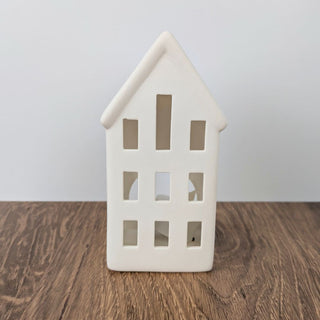 9 Window Ceramic House Candle Holder with Free Battery Operated Tea Light | Matte White