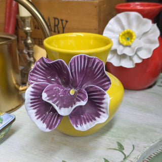 Anthropologie Yellow Vase with Purple Pansy