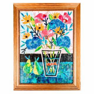 Flower Collage Painting in Gold Frame, Original Artwork by D.S.Griffin