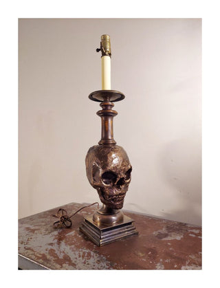Artist Original Bronze tone rustic Human Skull Candle Stick Table Lamp