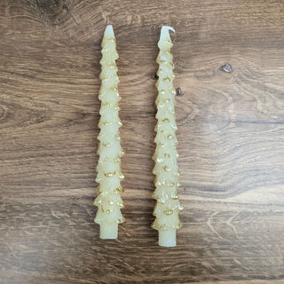 10" Tall Ivory Tree Shaped Tapered Candles with Gold Tips