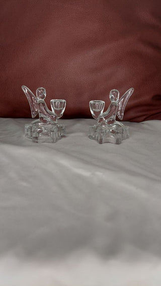 (2) Midcentury Kneeling Angels candle holder set, Bohemian Glass, Sklo Union Czech