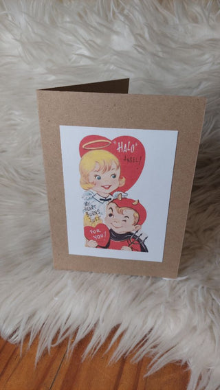 Angel and Devil Valentine's Day Blank Greeting Card - Vintage Print on recycled 5x7 paper.
