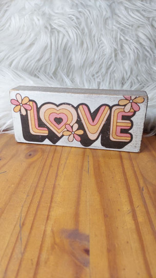 1970s hippie style LOVE with flowers - Artisan Wood Block Print