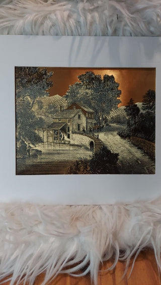 The Roadside Mill - Currier and Ives gold foil art by Metal Craft Division (T&M) AS-IS