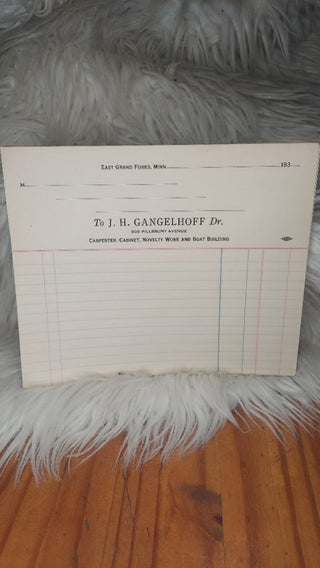 1930s blank receipts stack for J.H. Gangelhoff "Carpenter, cabinet, novelty work and boat building" (T&M)