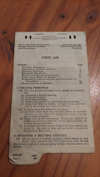 1931 FIRST AID pamphlet by American telephone and telegraph company. , vintage first aid medical pamphlet