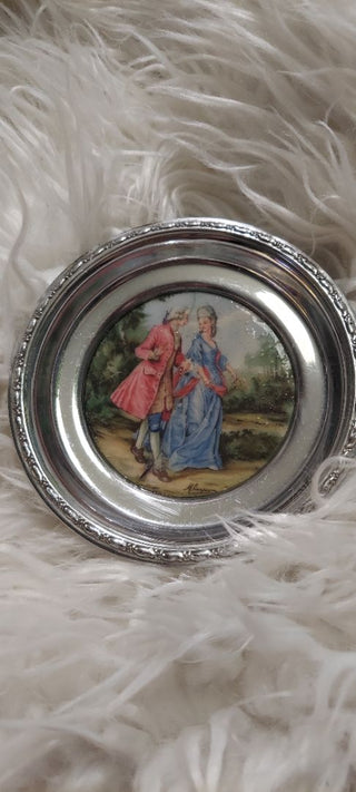 (B) Silver framed ceramic French Scene Art, Ashtray and coaster. AS IS.