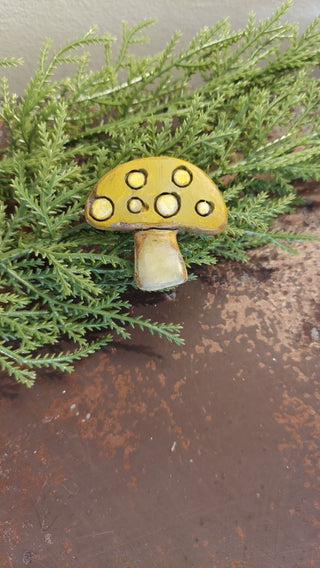 Mustard Mushroom Pin Brooch - Artist Original - Rustic Painted Plaster