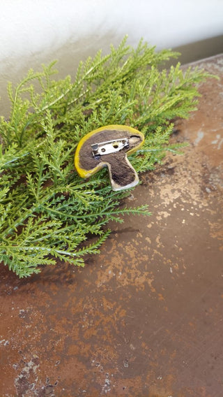 Mustard Mushroom Pin Brooch - Artist Original - Rustic Painted Plaster