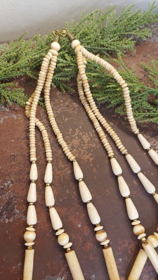 1970s layered multi-strand hand carved bone with brass necklace (T&M)