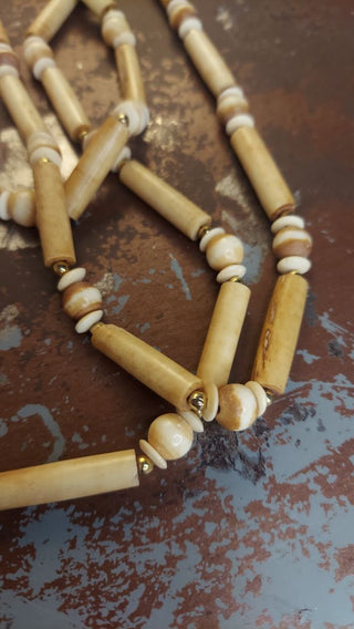 1970s layered multi-strand hand carved bone with brass necklace (T&M)
