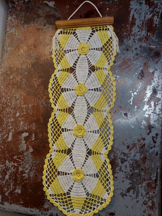 Yellow and Cream Flower Runner Crocheted Lace Wall Hanging (starched) one of a kind