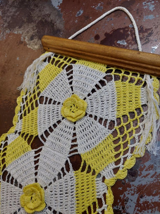 Yellow and Cream Flower Runner Crocheted Lace Wall Hanging (starched) one of a kind