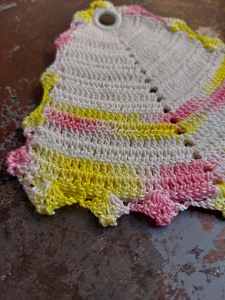 Midcentury Crochet coffee pot hot pad - pot holder with hanger