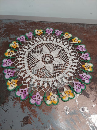 Vibrant Crochet Lace Pansy floral Doily (Starched) wall art
