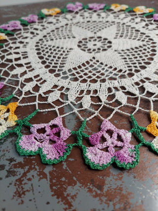 Vibrant Crochet Lace Pansy floral Doily (Starched) wall art