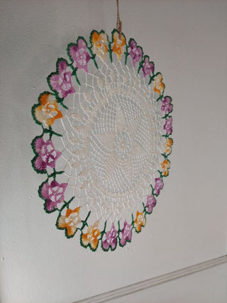 Vibrant Crochet Lace Pansy floral Doily (Starched) wall art