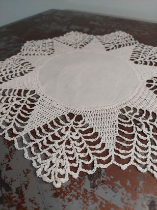 Antique Cream Linen and crocheted lace doily starched - wall hanging ASIS