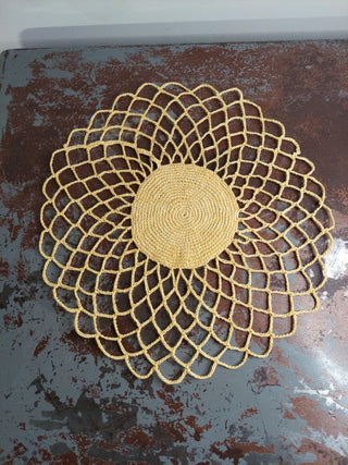 .01) Yellow Crochet Lace Sunburst Doily (Starched) hot pad / wall art