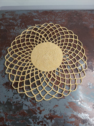 .02) Yellow Crochet Lace Sunburst Doily (Starched) hot pad / wall art