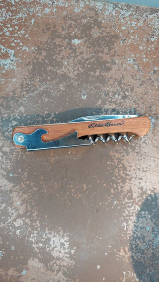Eddie Bauer wood body multitool; corkscrew, bottle opener and a small knife. Folding bar picnic camping drink opener knife.