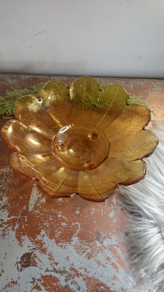Midcentury Flower Fleather Footed Amber Art Glass Display Dish, gorgeous server too!