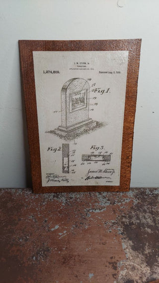 1915 “drawing for a tombstone patent” filed by J. M. Storm, Jr. on September 23, 1915, and patented on August 6, 1918 (Patent No. 1,274,809). Antique patent drawing, print on Douglas fir wood - wall hanging