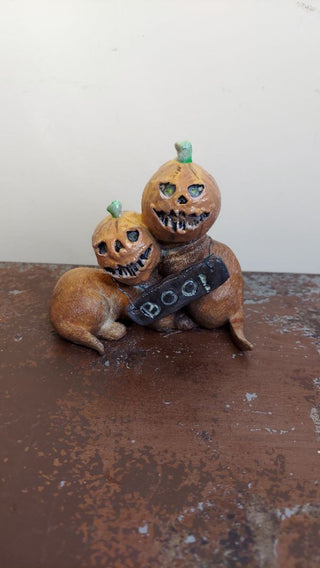 Artist Original - BOO trickster PUMPKIN Head Cats sculpture figurine art - blacklight reactive