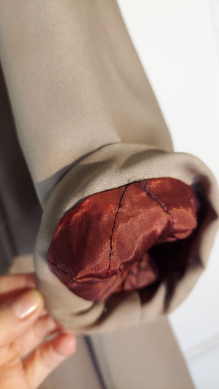 1974 Western Faux Fur Collar & Lined Tan Double Breasted Coat, size large, easily Tailored jacket