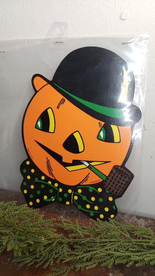 9”  Jack-O-Lantern with a top hat, bow tie, and pipe- Halloween Diecut Paper Cutout by Beistle