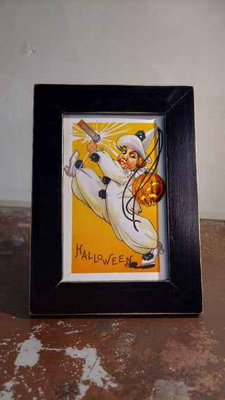 1980s Halloween Postcard Stecher Pierrot Clown With Noisemaker & JOL 408 F - Framed