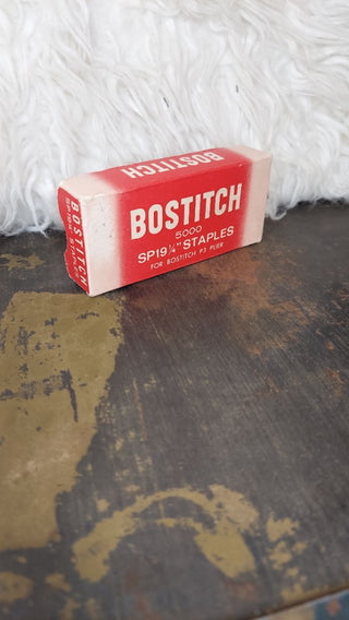 a) 1950s Box of Bostitch SP19 1/4" staples - P3 Plier stapler - used see online photos for contents (As-Is)