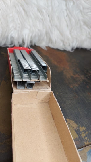 a) 1950s Box of Bostitch SP19 1/4" staples - P3 Plier stapler - used see online photos for contents (As-Is)