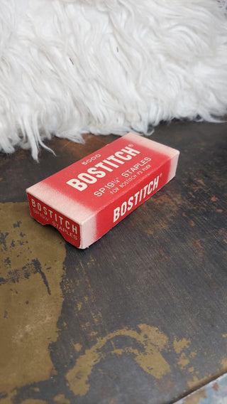 b) 1950s Box of Bostitch SP19 1/4" staples - P3 Plier stapler - used see online photos for contents (As-Is)