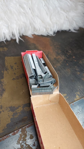 b) 1950s Box of Bostitch SP19 1/4" staples - P3 Plier stapler - used see online photos for contents (As-Is)