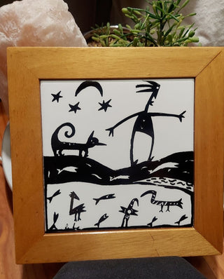 Man At River At Night, Signed modernist piece. artist Original tile. Tribal Kokopelli meets Picasso and Miro