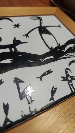 Man At River At Night, Signed modernist piece. artist Original tile. Tribal Kokopelli meets Picasso and Miro