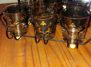 (7pc) Napoleonic Bee - MCM Low Ball Glass Set With Caddy, gold and black bubble bees,  Barware glass set (T&M)