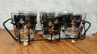 (7pc) Napoleonic Bee - MCM Low Ball Glass Set With Caddy, gold and black bubble bees,  Barware glass set (T&M)