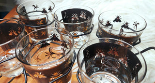 (7pc) Napoleonic Bee - MCM Low Ball Glass Set With Caddy, gold and black bubble bees,  Barware glass set (T&M)