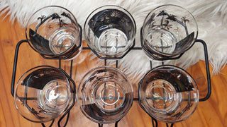(7pc) Napoleonic Bee - MCM Low Ball Glass Set With Caddy, gold and black bubble bees,  Barware glass set (T&M)