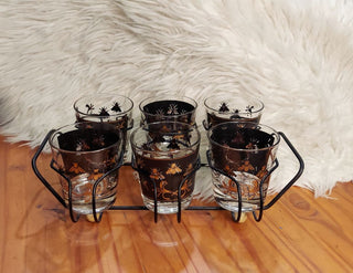(7pc) Napoleonic Bee - MCM Low Ball Glass Set With Caddy, gold and black bubble bees,  Barware glass set (T&M)