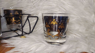(7pc) Napoleonic Bee - MCM Low Ball Glass Set With Caddy, gold and black bubble bees,  Barware glass set (T&M)