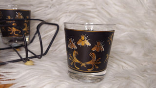 (7pc) Napoleonic Bee - MCM Low Ball Glass Set With Caddy, gold and black bubble bees,  Barware glass set (T&M)