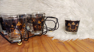 (7pc) Napoleonic Bee - MCM Low Ball Glass Set With Caddy, gold and black bubble bees,  Barware glass set (T&M)