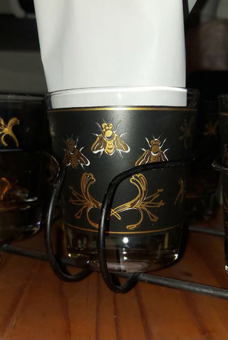 (7pc) Napoleonic Bee - MCM Low Ball Glass Set With Caddy, gold and black bubble bees,  Barware glass set (T&M)