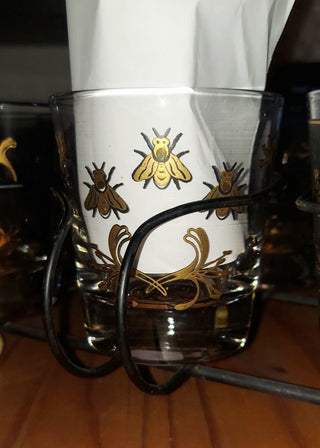 (7pc) Napoleonic Bee - MCM Low Ball Glass Set With Caddy, gold and black bubble bees,  Barware glass set (T&M)